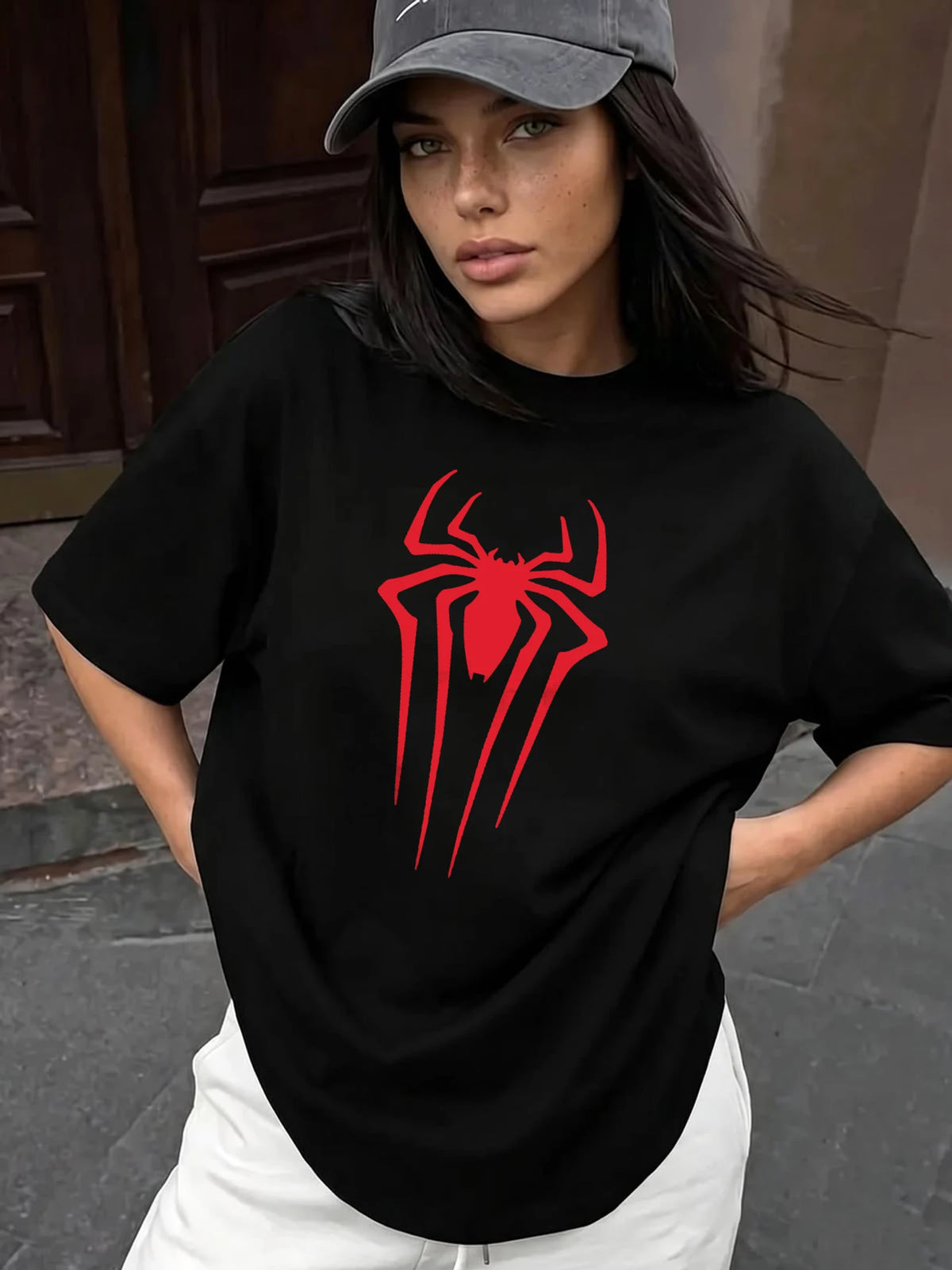 AI CLUB Women Printed Round Neck Cotton Blend Black T-Shirt