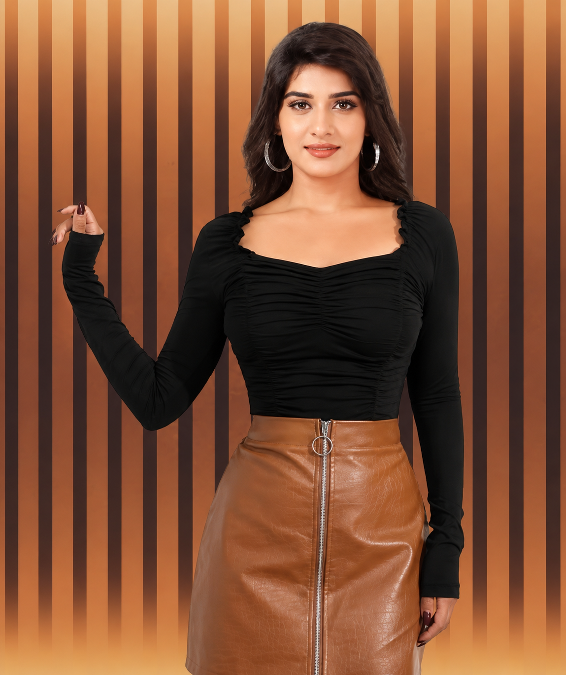 Black Ruched Long-Sleeve Top